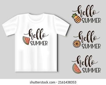 Hello summer - lettering with fruit for T-shirts, bags and more. Pineapple, orange and watermelon