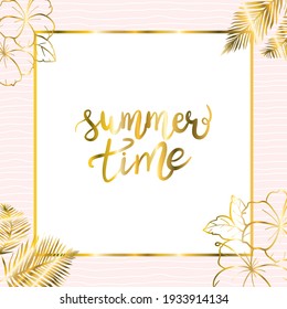 Hello summer lettering with gold glitter tropic background of palm leaves, tropical background. Summer background card