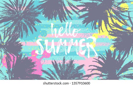 Hello Summer lettering. Hand drawn Palm Trees with grungy paint texture. Concept design for t-shirt print, party. Sunset or sunrise with ink palms. Tropical summer. Place for text. Vector illustration