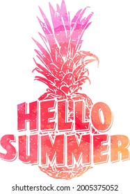 Hello Summer lettering in hand drawn style. Tropical vector with text and pineaple. Concept and composition for postcards, posters, background, print, banners