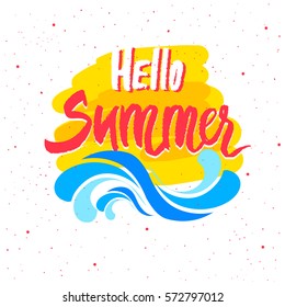 Hello Summer lettering. Hand drawn vector illustration, greeting card design, logo.
