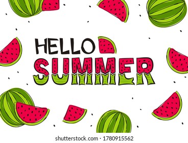 Hello Summer Lettering With Hand-drawn Watermellon. Bright Summer Card Or Banner. Vector Illustration On White Background