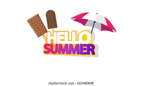 Hello Summer Lettering with Ice Cream, Isolated on White