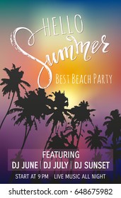 Hello summer lettering. Invitation card template. Tropical palms, sunset background. Vector illustration EPS10.