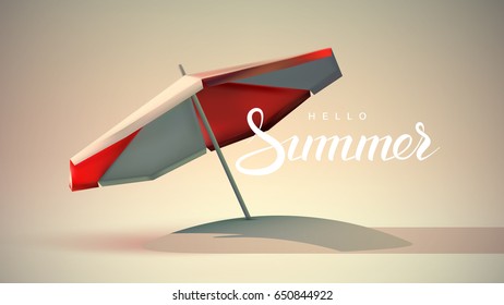 Hello Summer lettering label with Red and white beach umbrella. Open sun parasol. Vector illustration. Summer beach holidays concept.