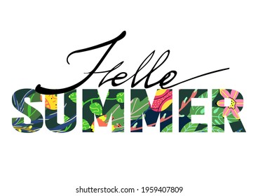 Hello summer lettering. Letters with floral print.Decorative text isolated on a white background.Simple vector illustration for typography and print.
