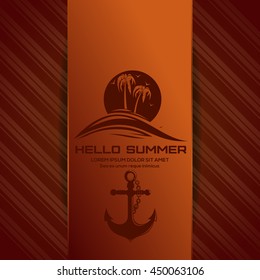 Hello summer lettering. Summer  logo icon with sun over the sea and anchor. Vector illustration