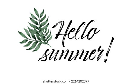 Hello Summer lettering. logo Templates. Isolated Typographic Design Label with black text and green palm leaves.