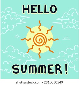 Hello Summer Lettering Monoline Cartoon Banner Illustration.eps