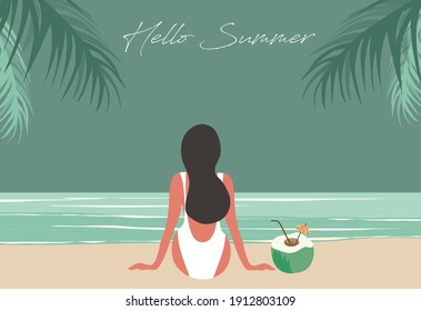 Hello summer lettering on bikini woman sitting with coconut drink on beach  scene background. Summer, holidays and vacation concept