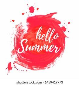 Hello Summer lettering on bright red brush stroke background. Vector illustration for your design