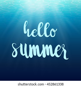 Hello summer lettering on deep blue sea and sun ray background in vector illustration format