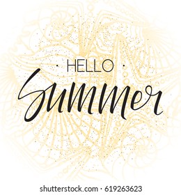 Hello summer lettering on hand drawn background with seashells. Vector illustration with ornament from seashells and sea stars.