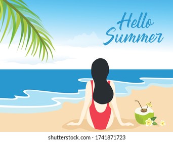 Hello summer lettering on red bikini woman sitting on the sea beach view vector illustration. Summer holiday concept background 