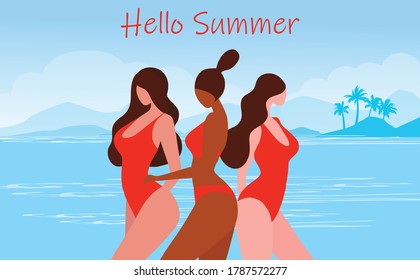 Hello summer lettering on three beautiful bikini women on beach holidays background vector illustration. Summer concept background