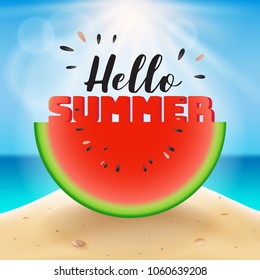 Hello summer lettering on watermelon sliced. Vector illustration