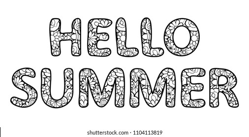 Hello summer lettering. Outline characters with floral texture. Black and white vector illustration, isolated on white background
