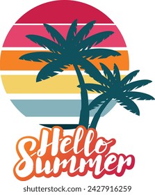 Hello summer lettering and over the sun and palm trees, fun retro style