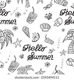 hello summer lettering palm tree and lemonade citrus shell calligraphy seamless pattern vector graphics doodle hand drawn illustration base for textile design tableware and printing