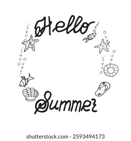 hello summer lettering palm tree and lemonade citrus shell calligraphy round frame vector graphics doodle hand drawn illustration base for textile design tableware and printing