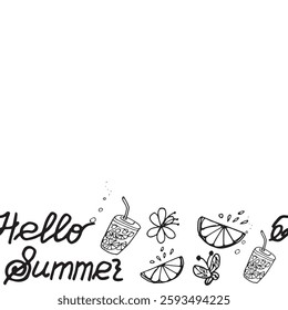 hello summer lettering palm tree and lemonade citrus shell calligraphy border vector graphics doodle hand drawn illustration base for textile design tableware and printing