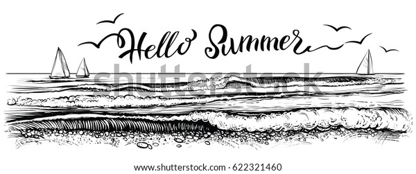 こんにちは サマー 文字 パノラマ海や海岸の景色 ヨットと水波が乗った海辺のベクターイラスト 白黒の書画 のベクター画像素材 ロイヤリティフリー