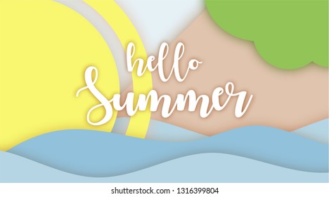 Hello Summer lettering Paper Applique origami style. Relaxed Sea view in summertime. Morning Sunrise. 3D Layered Paper Cuted Exotic craft banner. Layout for presentation, article. Vector illustration