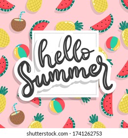 hello summer lettering with pattern background