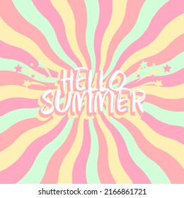 Hello Summer Lettering In Pop Art Comics Style. Summer Background With Sparks, Fireworks And Stars. Vector Retro Textured Summer Poster Design, Banner, Advertising, Promo, Sale.