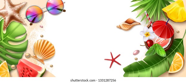 Hello summer lettering poster with tropical fruits - watermelon, orange slice, exotical leaves, seashell, starfish, sunglasses and cocktail isolated background. Summer holiday, vector travel banner