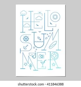 Hello Summer Lettering poster. Typographic Background with summer elements. Summer icons. 