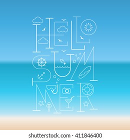 Hello Summer Lettering poster. Typographic sea background with summer elements. Summer icons.