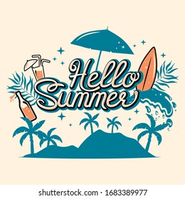 Hello Summer lettering print. Cocktail, surf, waves, tropical leaves, palm trees on island background. Tropic silhouette pattern. 