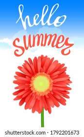 Hello Summer Lettering and Realistic Gerbera Flower. Summer background design for your holiday poster, banner, headline text. Vector Illustration. 