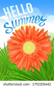 Hello Summer Lettering and Realistic Gerbera Flower. Summer background design for your holiday poster, banner, headline text. Vector Illustration