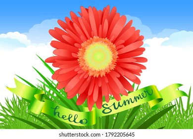 Hello Summer Lettering and Realistic Gerbera Flower. Summer background design for your holiday poster, banner, headline text. Vector Illustration