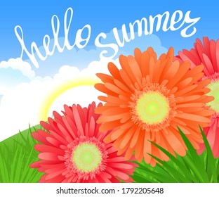 Hello Summer Lettering and Realistic Gerbera Flowers. Summer background design for your holiday poster, banner, headline text. Vector Illustration