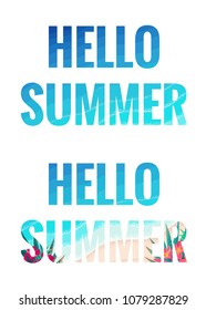 Hello summer lettering. Retro vector letters with sea waves, pink frangipani (plumeria) flowers and palm leaves