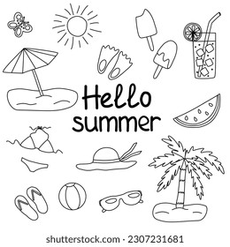Hello summer lettering and set of summer elements palm, sun, food, fruits, drink, doodle vector