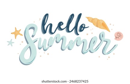 Hola letras de verano con conchas y estrellas de mar. Ilustración de verano lindo aislado sobre fondo blanco. Elementos planos dibujados a mano de dibujos animados. Ilustración vectorial
