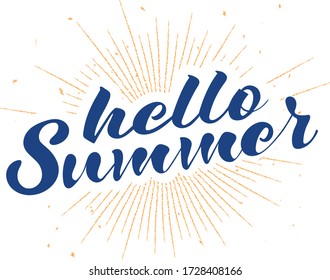 Hello summer lettering sign over yellow sunbeams