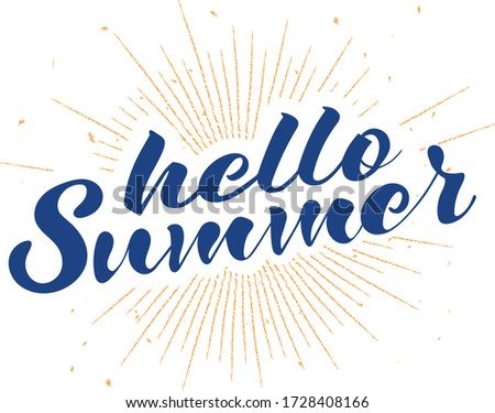 Hello summer lettering sign over yellow sunbeams