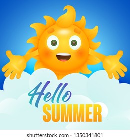 Hello summer lettering and smiling sun cartoon character. Tourism, summer offer or sale design. Handwritten and typed text, calligraphy. For leaflets, brochures, invitations, posters or banners.