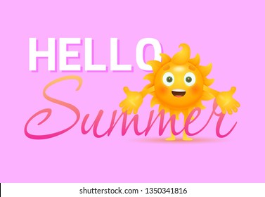 Hello summer lettering with smiling sun cartoon character. Tourism, summer offer design. Handwritten and typed text, calligraphy. For leaflets, brochures, invitations, posters or banners.