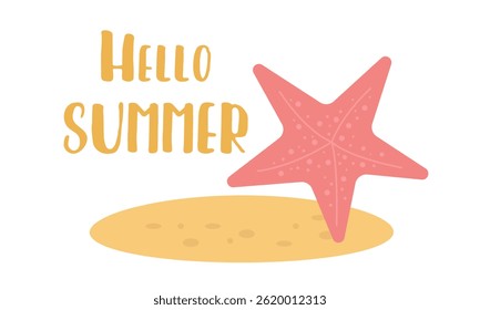 Hello Summer lettering with starfish and beach sand isolated on transparent background. Composition for print on t-shirt or card