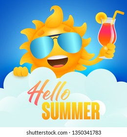 Hello summer lettering with sun holding cocktail. Tourism, summer offer or sale advertising design. Handwritten and typed text, calligraphy. For leaflets, brochures, invitations, posters or banners.