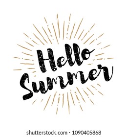Hello Summer lettering with sunbursts vector background