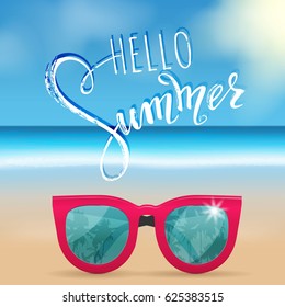 Hello summer lettering, sunglasses. Tropical background, blue ocean landscape. Vector illustration EPS10.