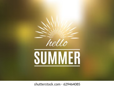 Hello Summer lettering template on a vintage doodle frame isolated on blurred green nature background. Hello Summer greeting card. Vector illustration.