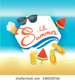Hello summer lettering text on blurred summer beach background colorful illustration.